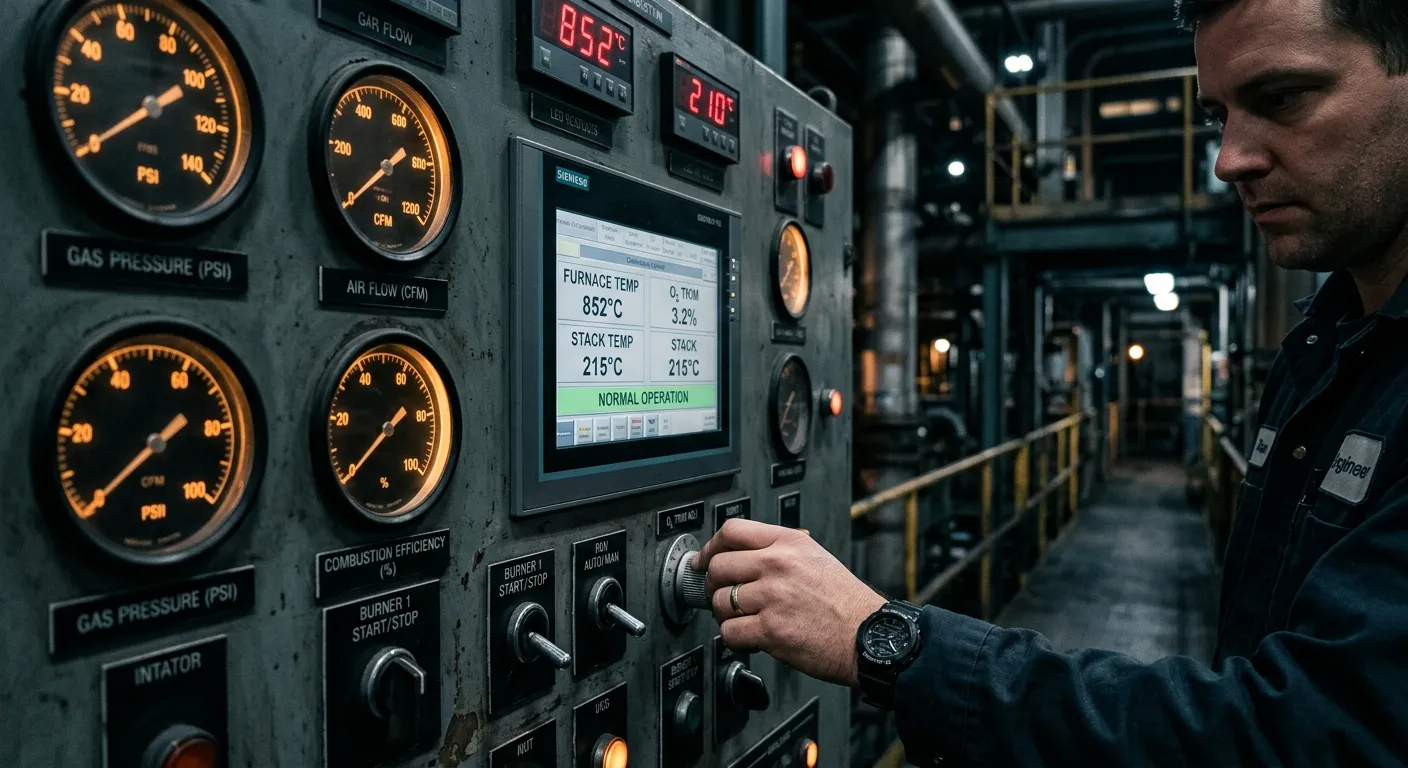 Engineer adjusting combustion optimisation controls on an incinerator control panel