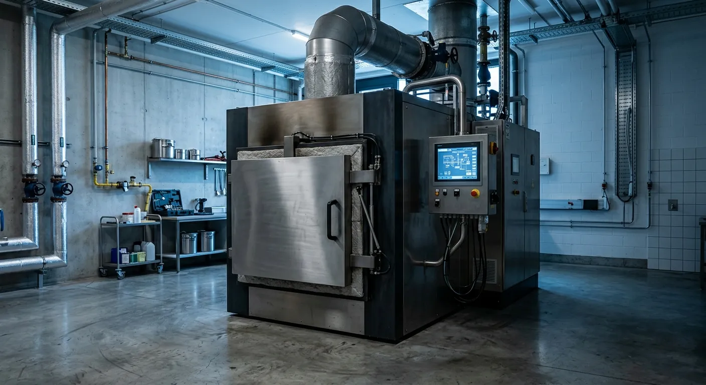 Macrotec industrial cremator unit in a crematorium equipment room