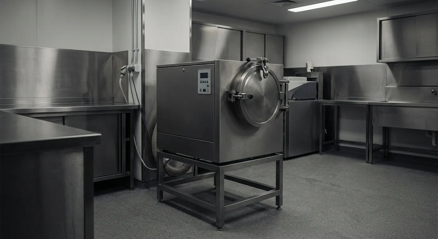 Macrotec cremulator processing unit in a crematorium back room