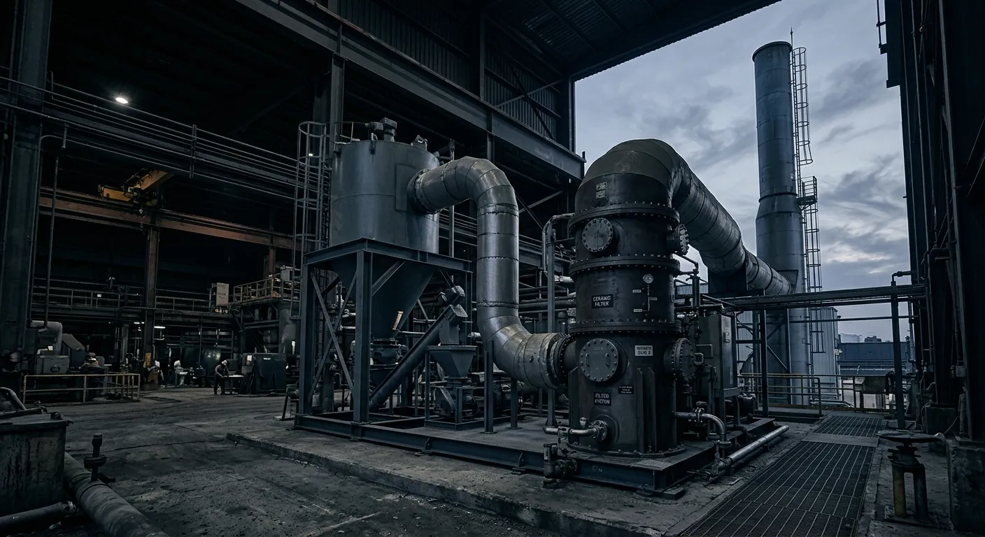 Industrial ceramic filtration and dry scrubbing skid with ductwork beside a plant exhaust stack