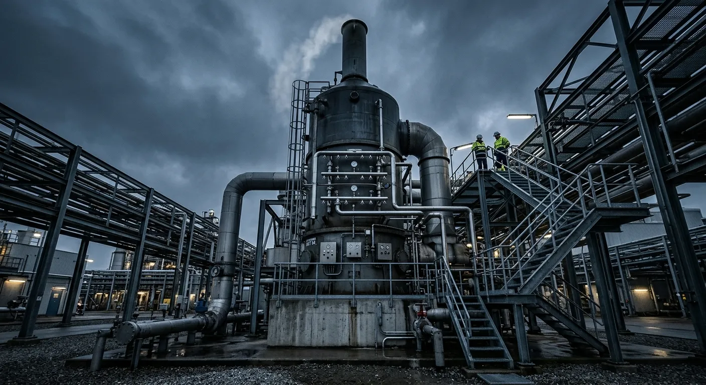 Industrial wet scrubber vessel with spray piping and stack, installed on a plant site