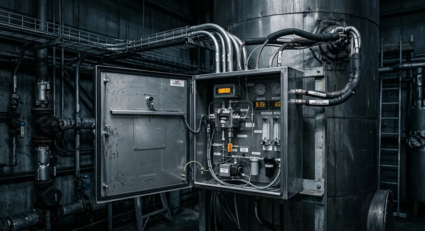 Macrotec flue gas analyser cabinet mounted beside an industrial stack