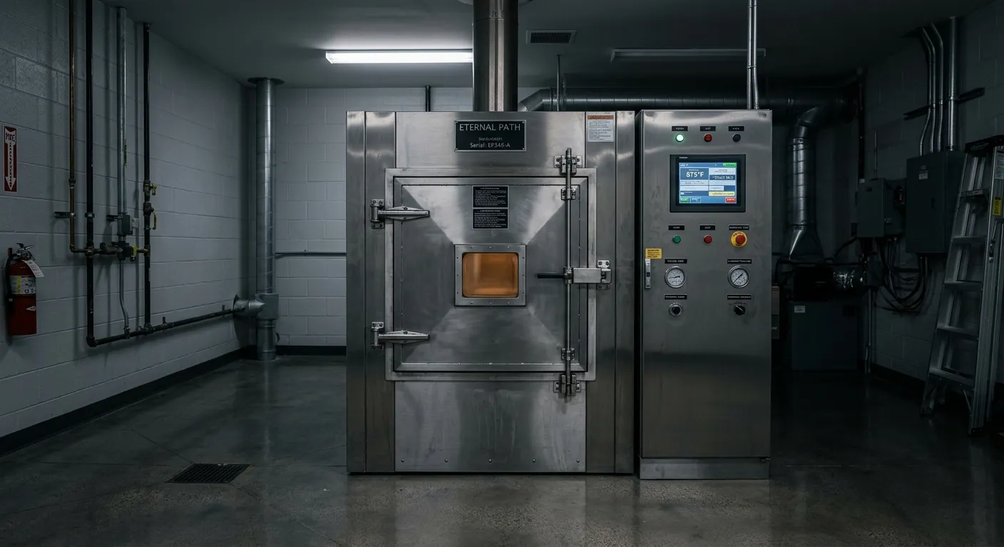 Macrotec human cremation retort unit in a crematorium equipment room