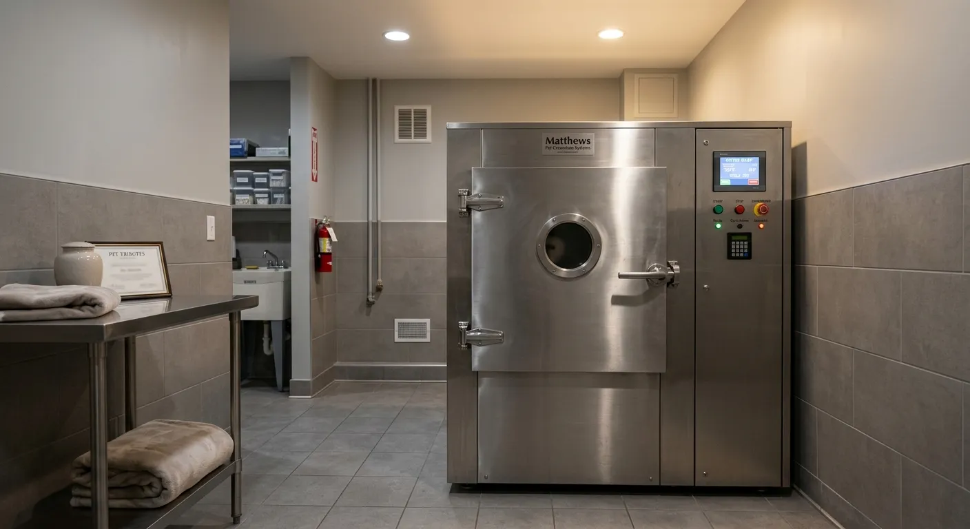 Macrotec pet cremation unit in a veterinary clinic utility room