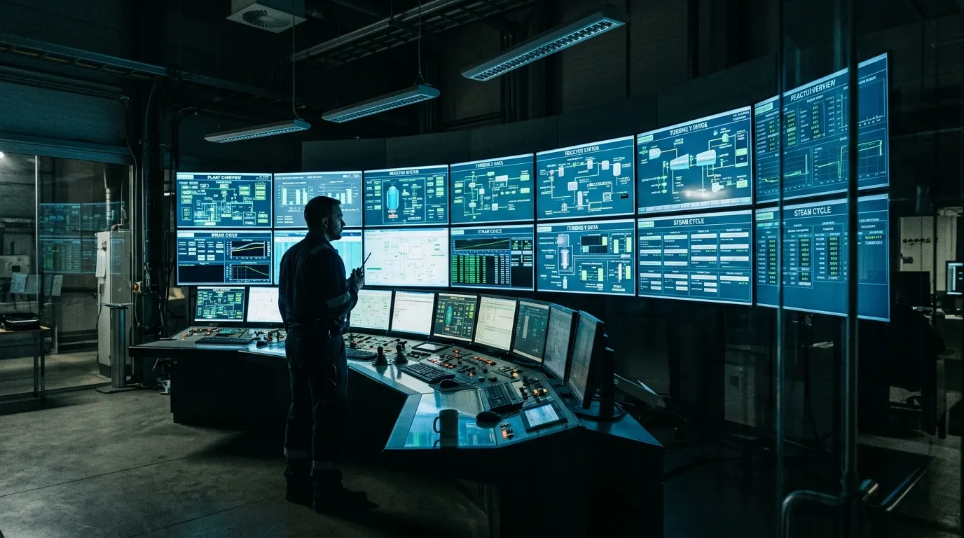 Engineer monitoring incinerator plant telemetry on a remote monitoring dashboard