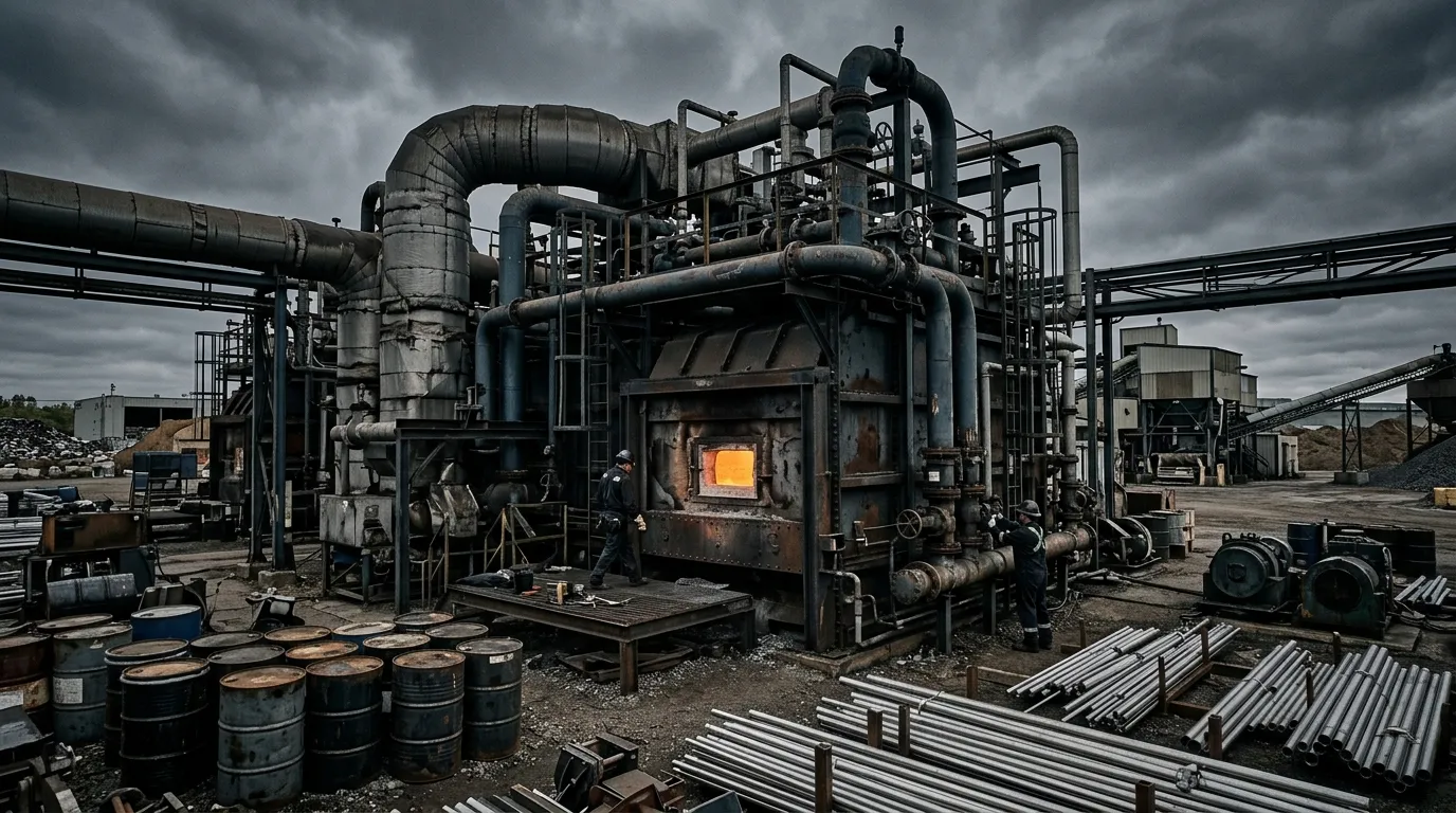 Macrotec waste oil precious metals recovery furnace at an industrial processing yard